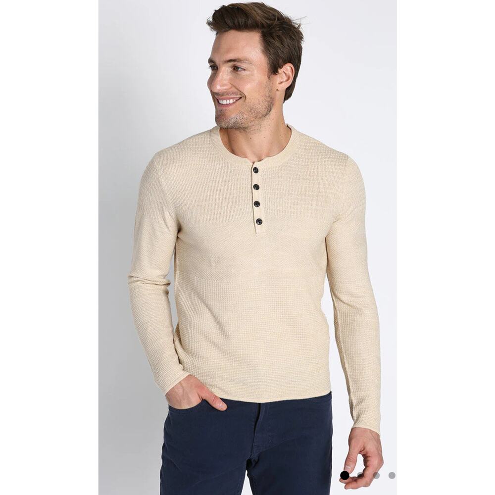 Jachs Men's Mixed Stitch Waffle Sweater Henley XL‎ Pattern Cream Long Sleeves